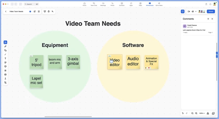 Zoom Workplace displaying a whiteboard with a text that says "Video Team Needs" and two big circles labeled "Equipment" and "Software".
