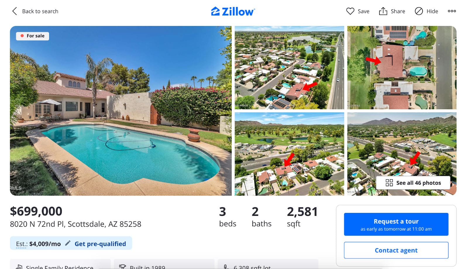 Screenshot of rental property in ideal warm location with pool.