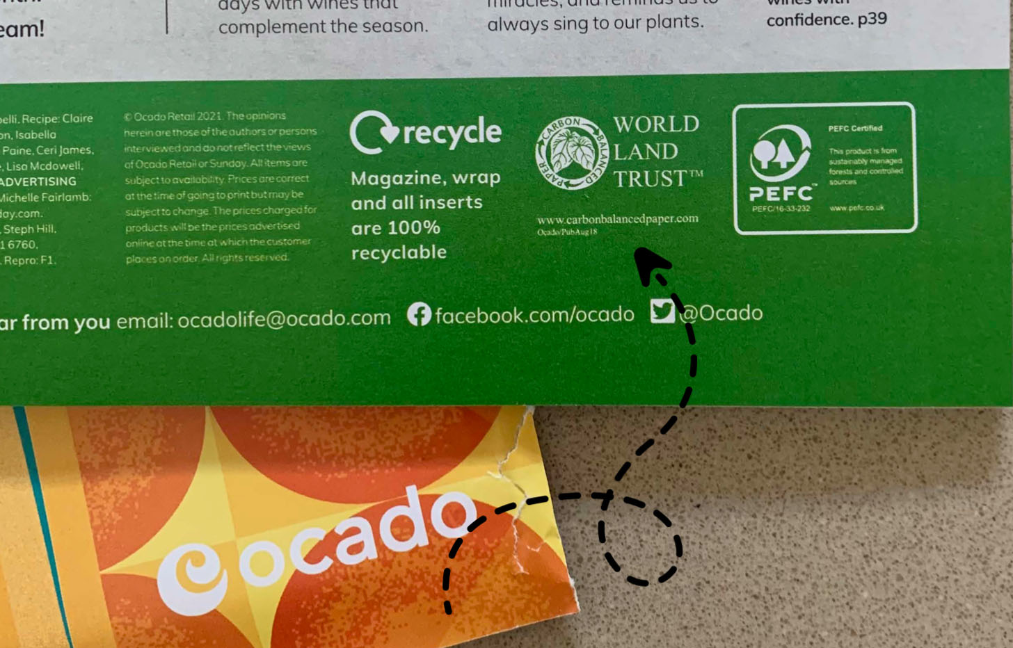 A section of a product's packaging with World Land Trust and PEFC certification stamps next to a blurb stating that the packaging is 100% recyclable.