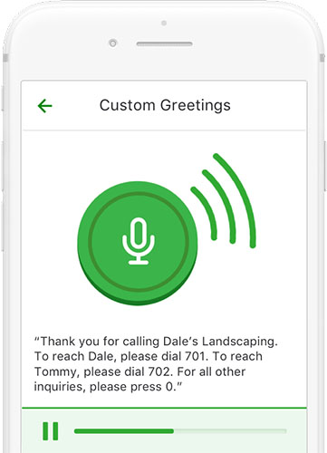 A smartphone showing Grasshopper's custom greetings with an audio icon and a text of the phone greeting.