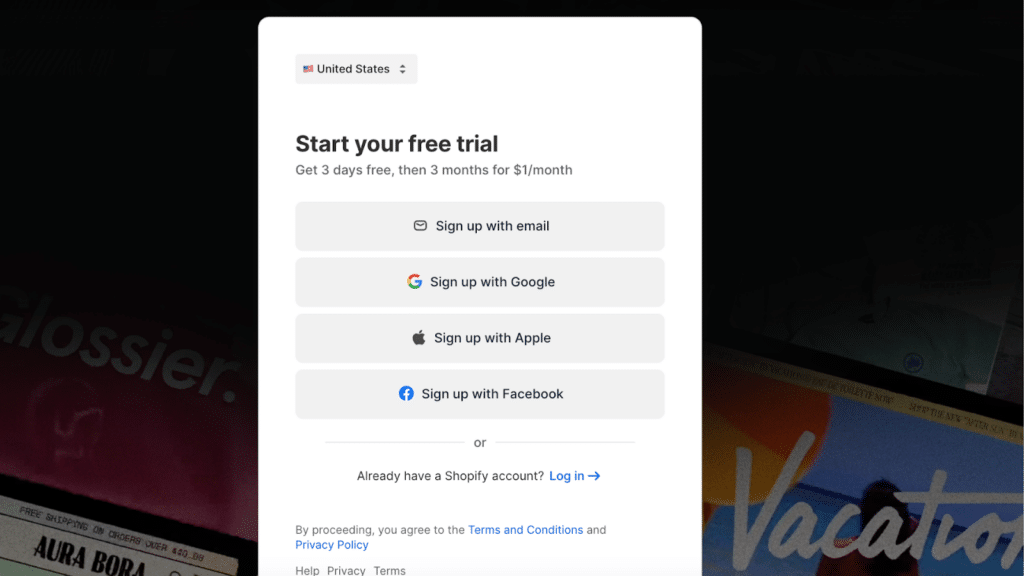 Shopify free trial login page sign up with email, Google, Apple, and Facebook.