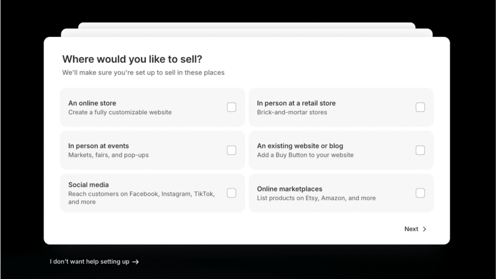 Shopify free trial setup wizard question Where would you like to sell?