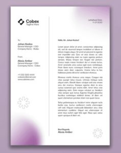 A letterhead with purple gradient accents on two corners.