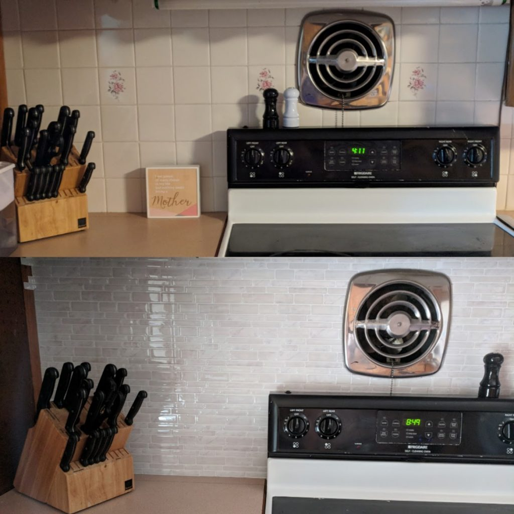 Upgraded kitchen backsplash before and after