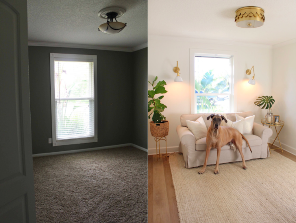 Before and after picture of same room with new light fixture.