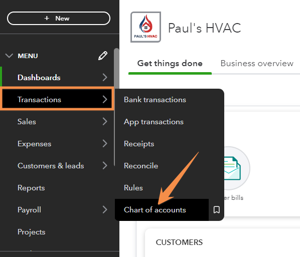 Screen showing how to navigate to the chart of accounts in QuickBooks Online