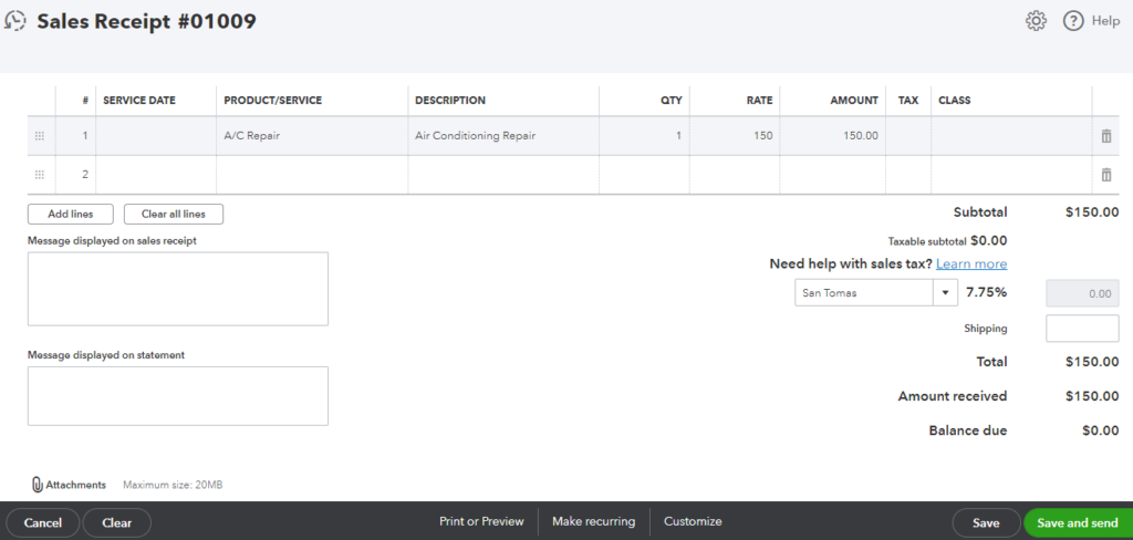Lower portion of the sales receipt screen in QuickBooks where you can specify products or services rendered to the customer