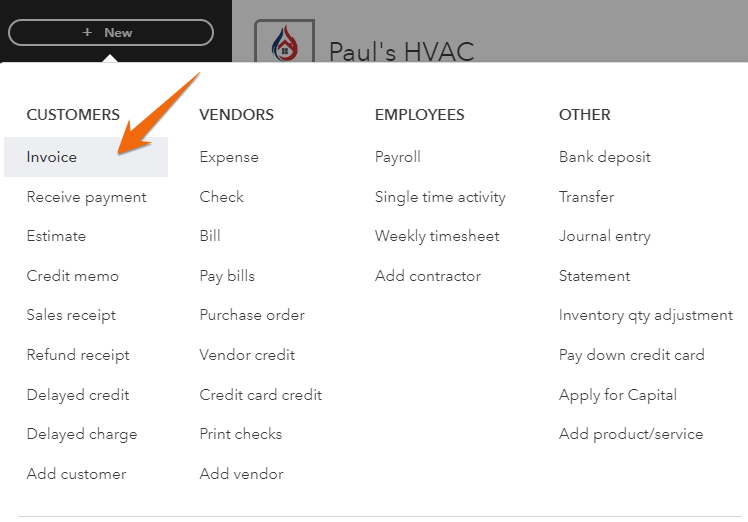 Screen showing how to navigate to the invoicing form in QuickBooks
