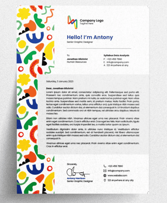 A letterhead from a creative designer with a full-color border on the left side of the page.