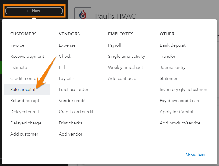 Screen showing how to navigate to the Sales receipt screen in QuickBooks