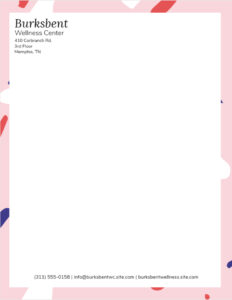 A creative letterhead with a fully colored border on all sides, the business name and address on the upper left corner, and contact details on the bottom.