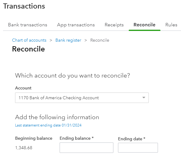 Reconcile screen indicating that your account is ready to reconcile and that there's no error in your beginning balance