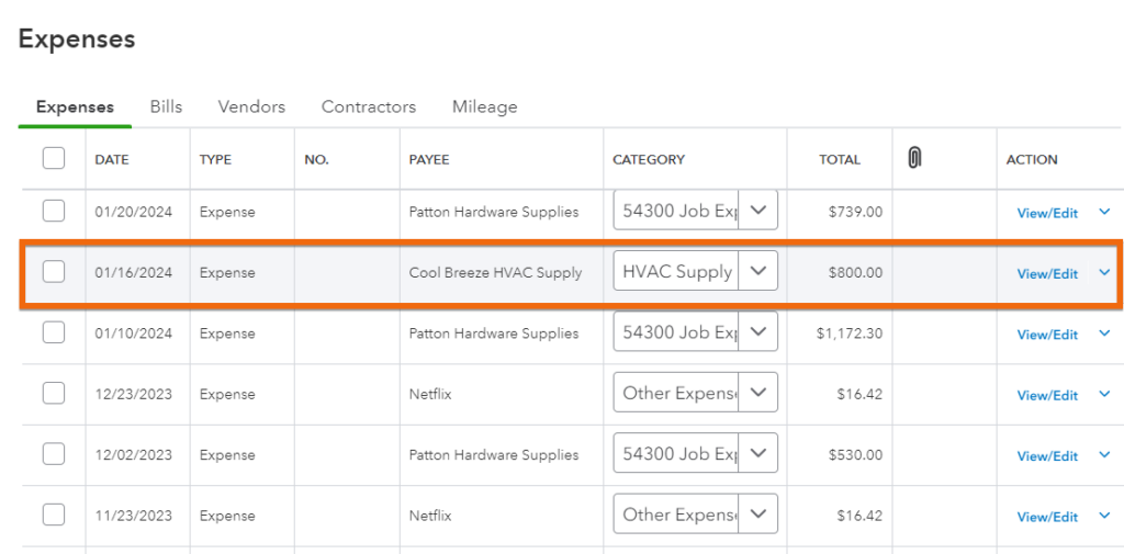Expenses screen highlighting a recently added expense entry in QuickBooks