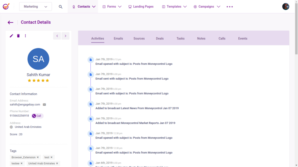 EngageBay CRM view showing contact details and telephony