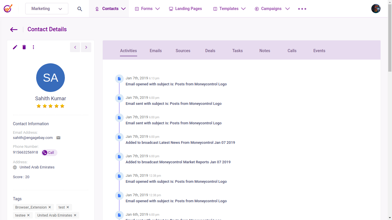 EngageBay CRM view showing contact details and telephony.