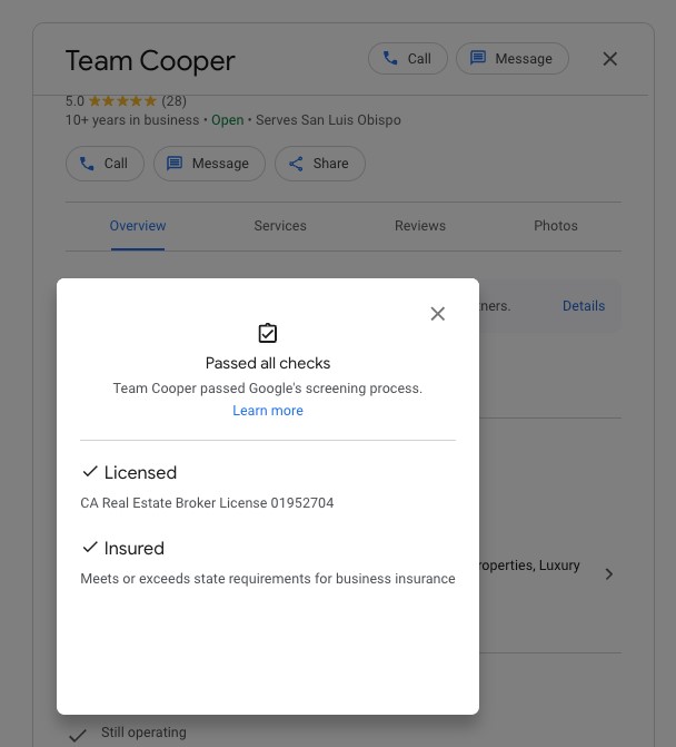 Example Google screened realtor profile from Team Cooper