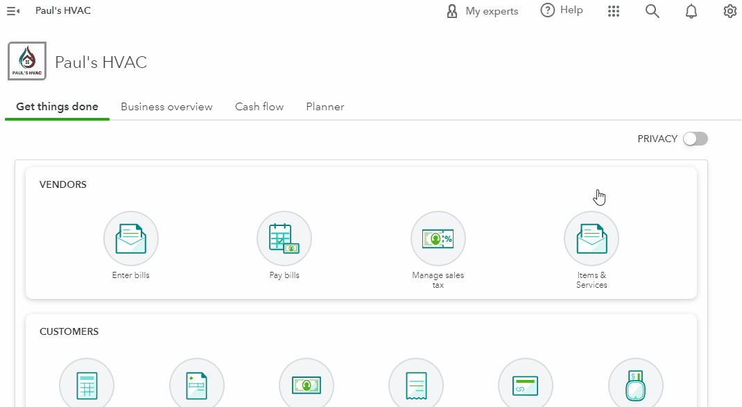 Screen showing how to turn on the Privacy toggle in QuickBooks Online