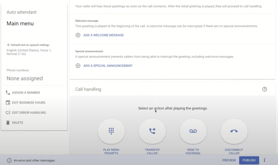 Google Voice auto-attendant configuration settings for main greetings and special announcements.