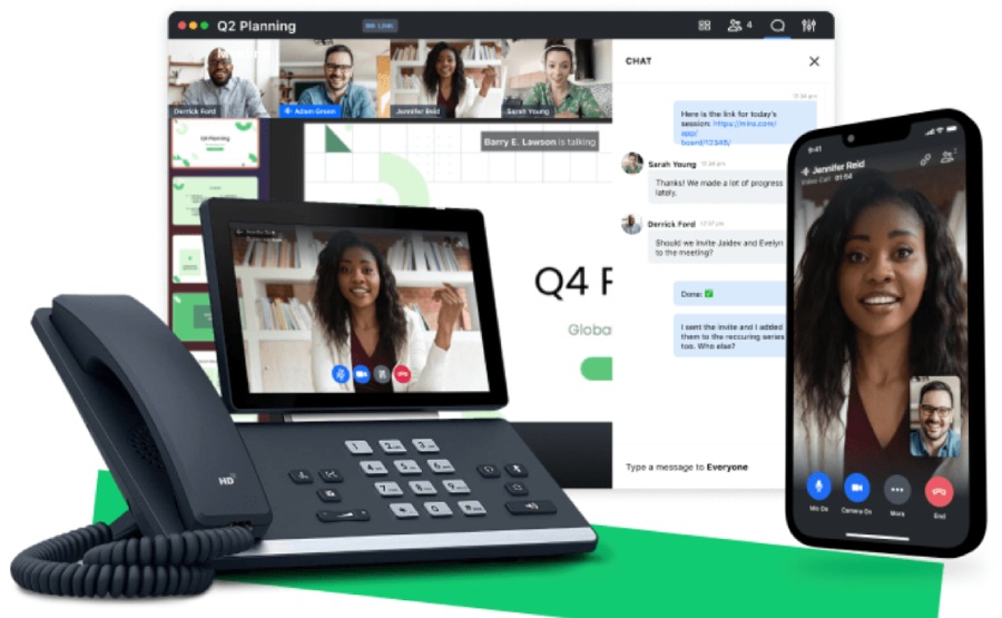 A desktop screen, smartphone, and a desk phone installed with GoTo Connect app.