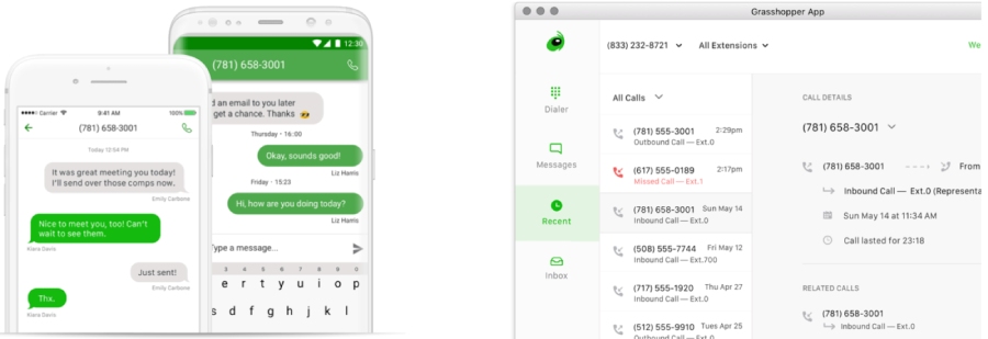 SMS and call log features on Grasshopper mobile and desktop apps.