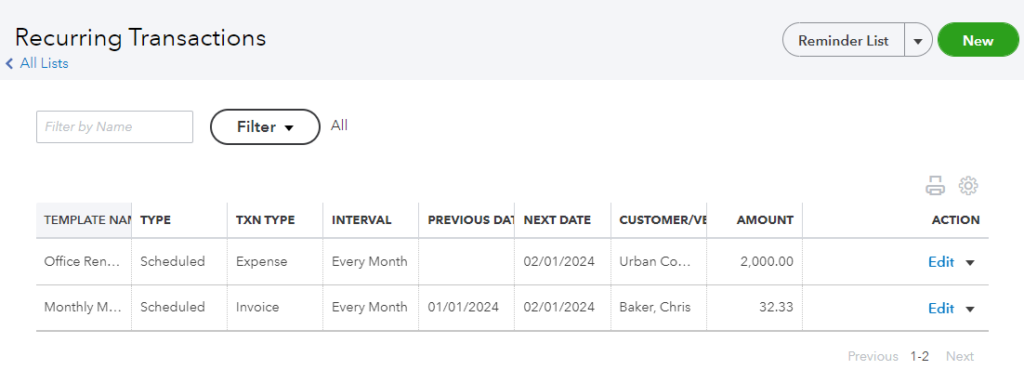 Recurring transactions screen in QuickBooks showing two successfully recorded new transactions