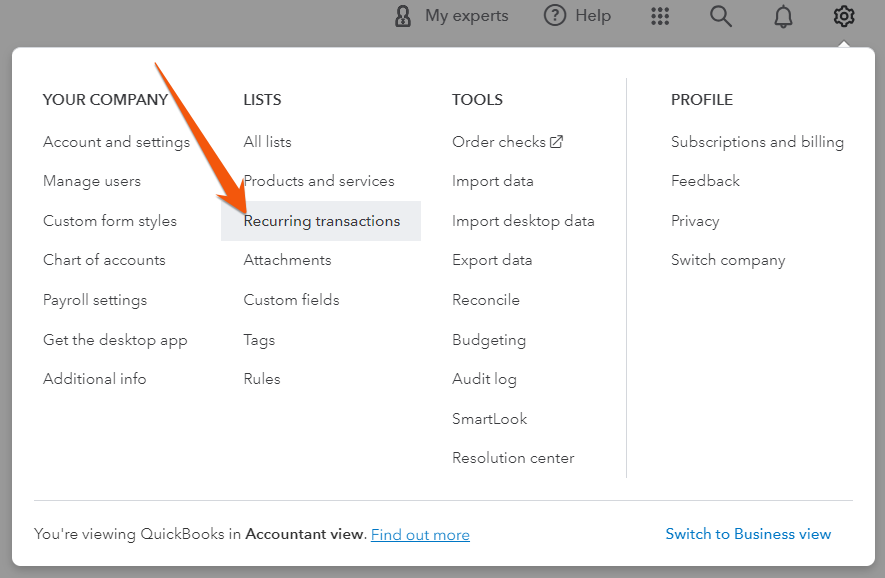 Screen showing how to navigate to the Recurring transactions screen in QuickBooks Online