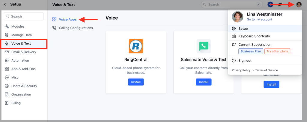 Enabling built-in calling & text app on Salesmate