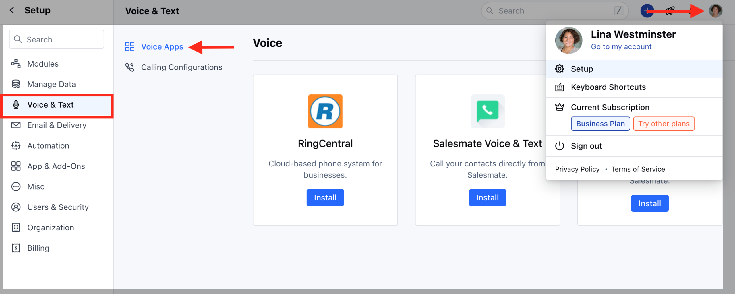 Salesmate's Voice & Text option showing capabilities like voice apps and calling configurations and account setup pop-up box in the workspace.