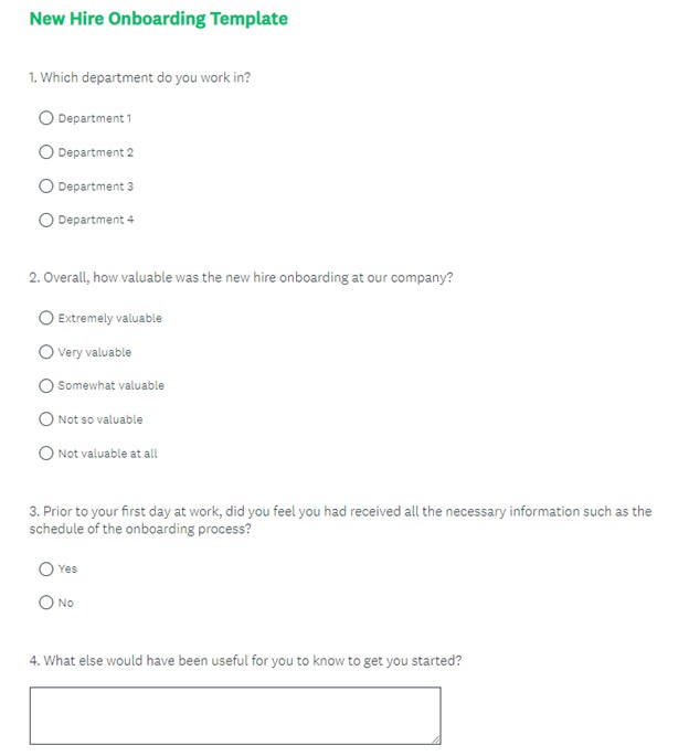 Sample new hire survey from SurveyMonkey template