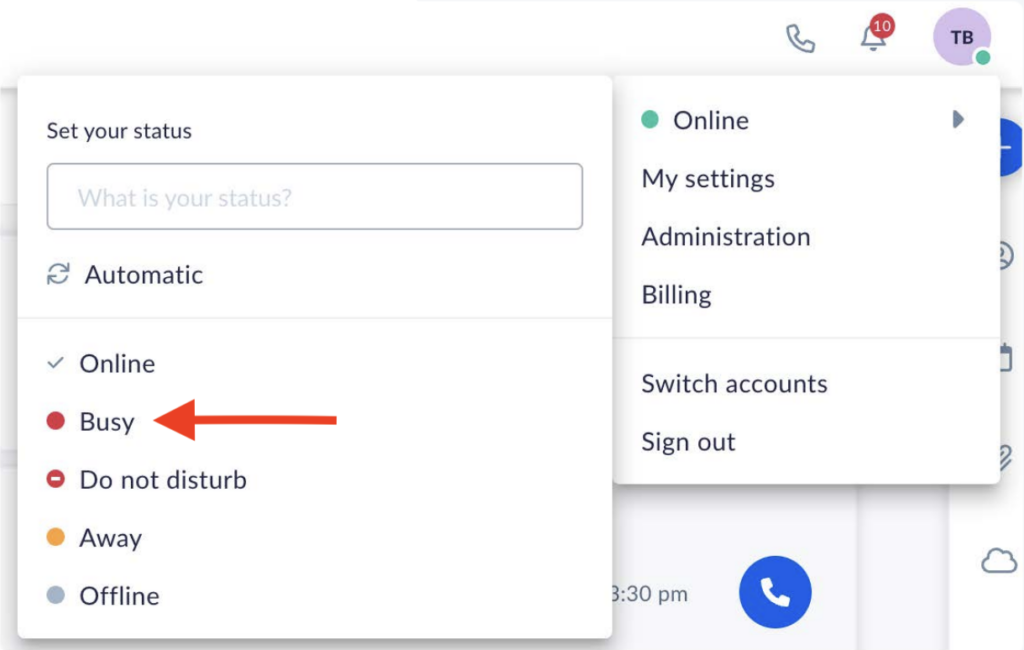 Nextiva interface showing the user profile settings and the status options, "Online," "Busy," "Do not disturb," "Away," and "Offline" with an arrow pointing to "Busy"