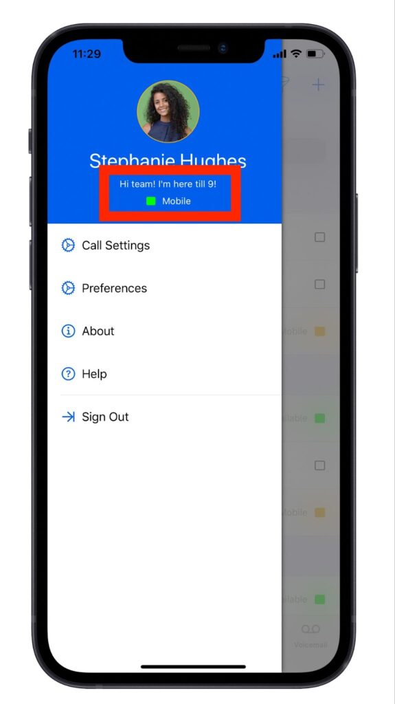Nextiva mobile interface showing a red box highlighting the "Mobile" presence status, along with its custom message