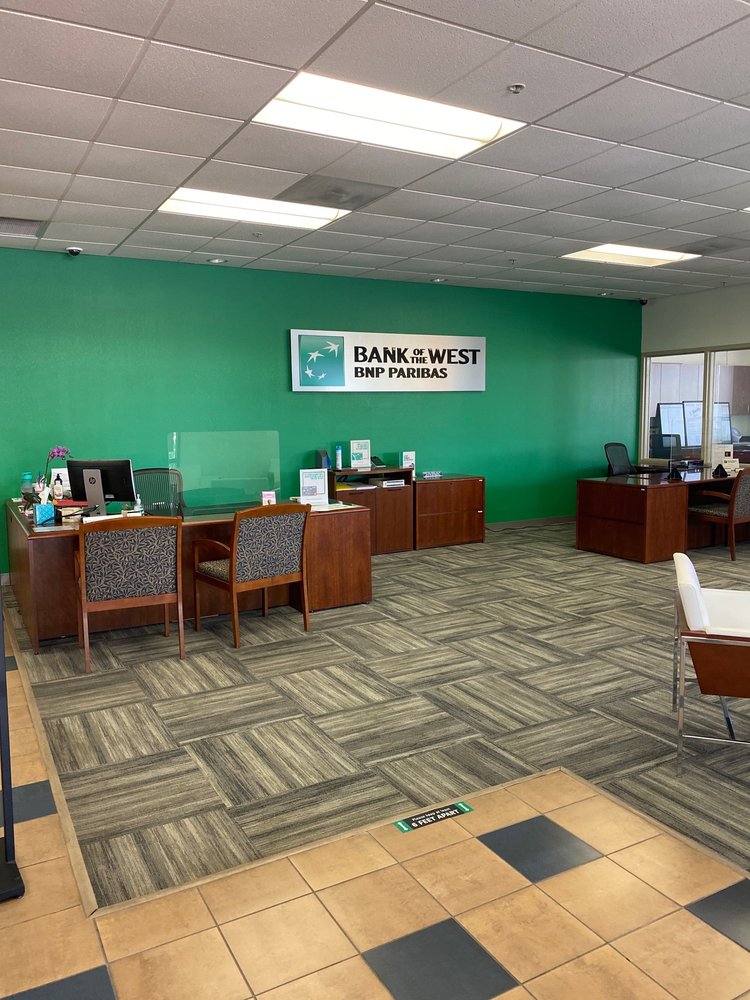 A bank lobby painted green