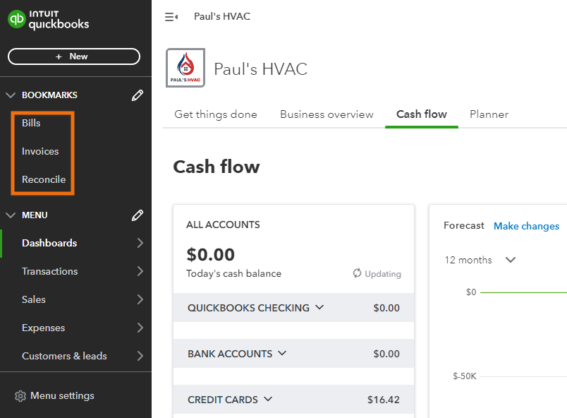 QuickBooks Online dashboard highlighting bookmarked items in the left sidebar