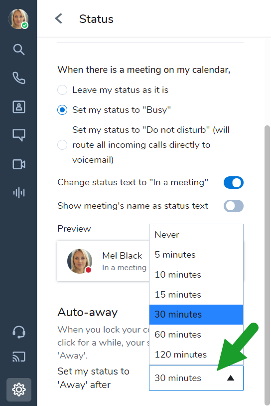 8x8 interface showing the user status configurations for when there’s a meeting on the calendar and the time duration for the Auto-away status
