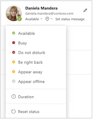 Microsoft Teams interface showing the presence statuses: "Available," "Busy," "Do not disturb," "Be right back," "Appear away," and "Appear offline"