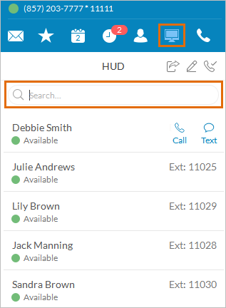 RingCentral interface showing the Heads-up Display feature with a list of available users and their respective extensions