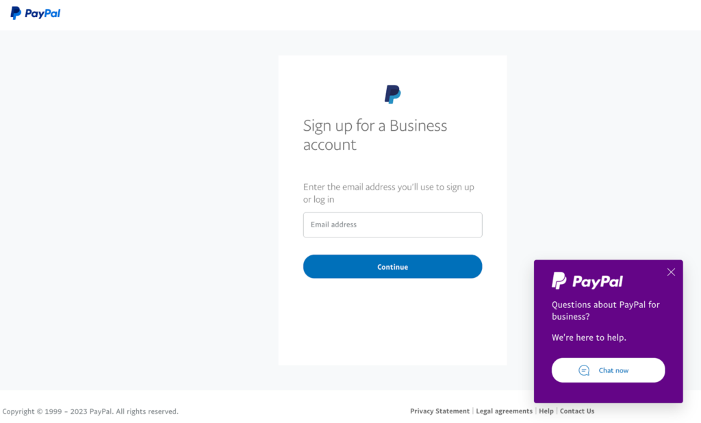 PayPal Business sign up page