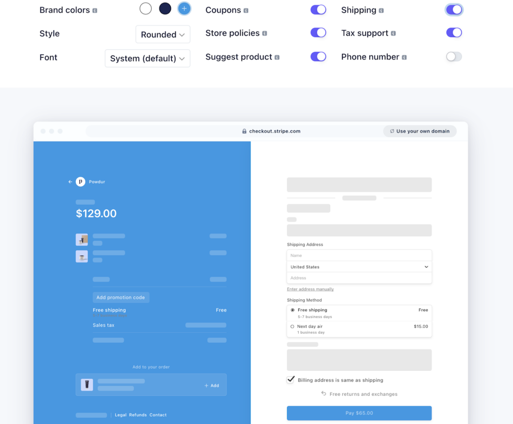 Stripe checkout page builder with customization tools