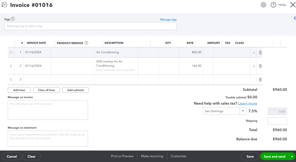 Sample billable expense added to a customer invoice in QuickBooks
