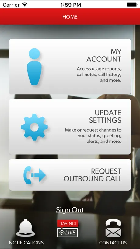 A smartphone showing Davinci Virtual’s mobile app with widgets displaying "My Account," "Update Settings," and "Request Outbound Call"
