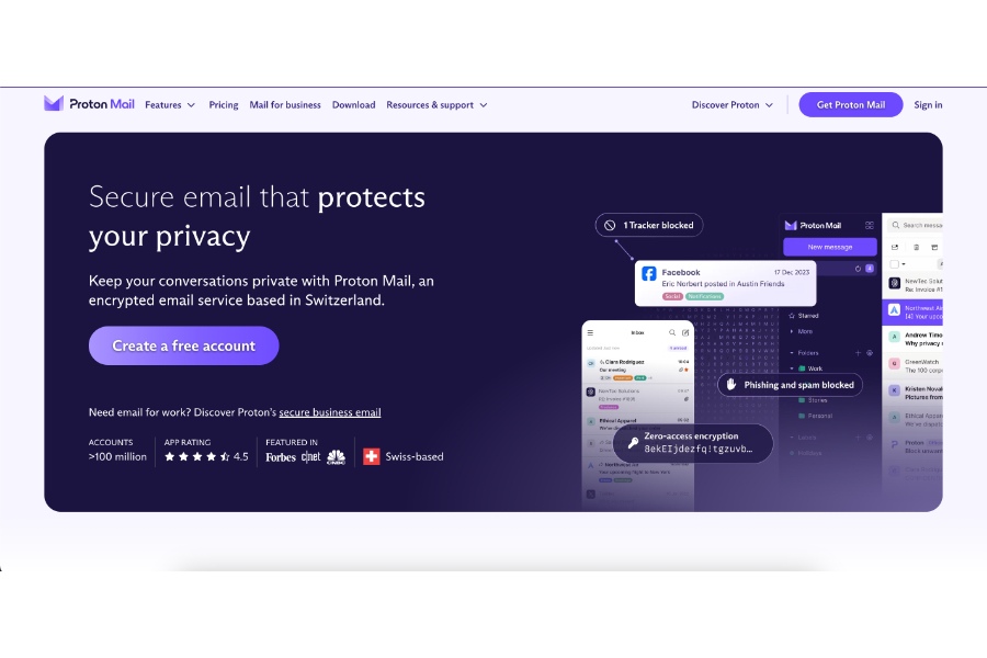 The home page of ProtonMail's website.