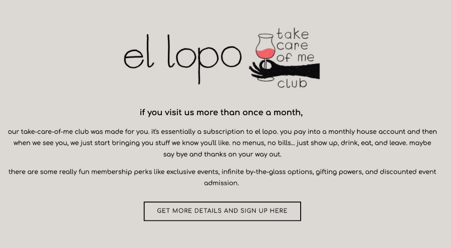 El Lopo restaurant's Take Care of Me Club sign-up page.