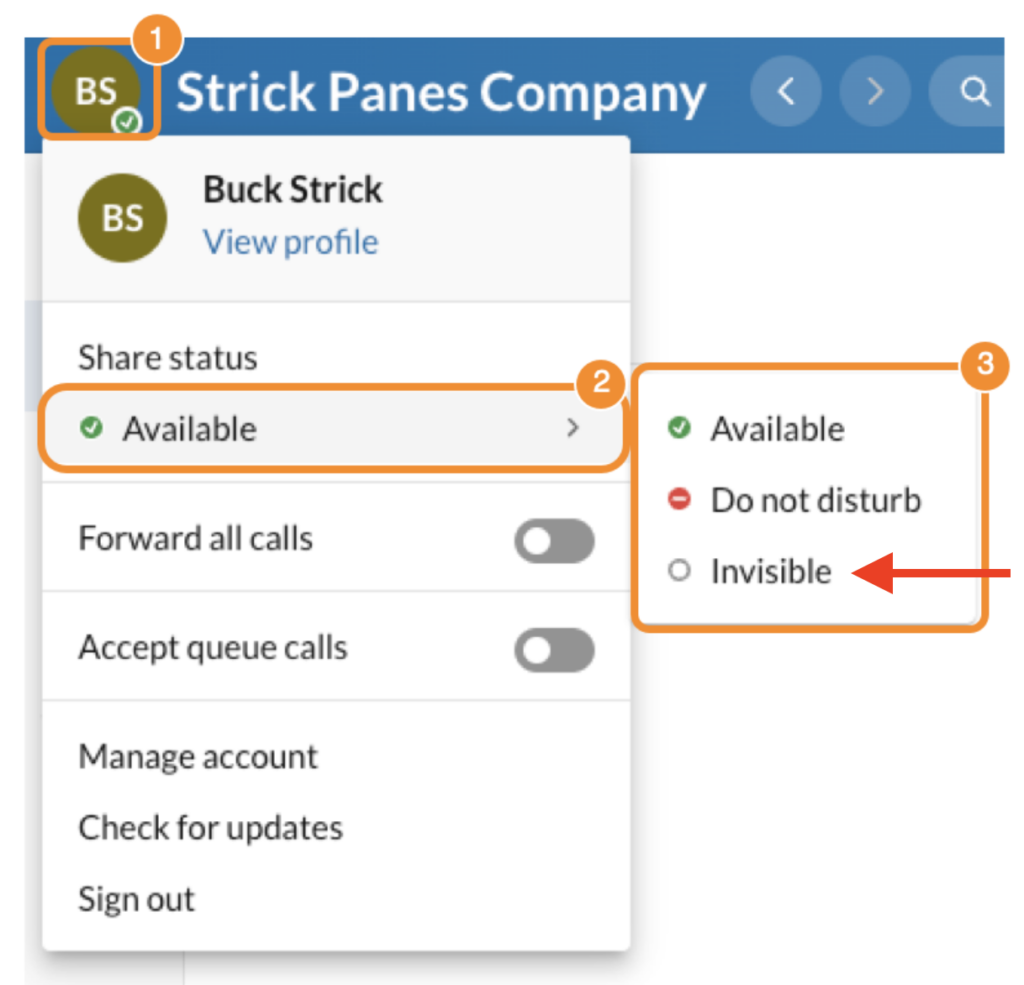 RingCentral interface showing the user profile settings and the presence status options, "Available," "Do not disturb," and "Invisible" with an arrow pointing to "Invisible"