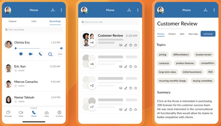 Three phone screens displaying RingCentral's RingSense for call recording, summary, and keywords.