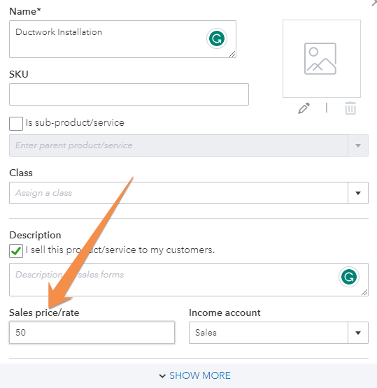 Service item creation form in QuickBooks highlighting the sales price/rate field