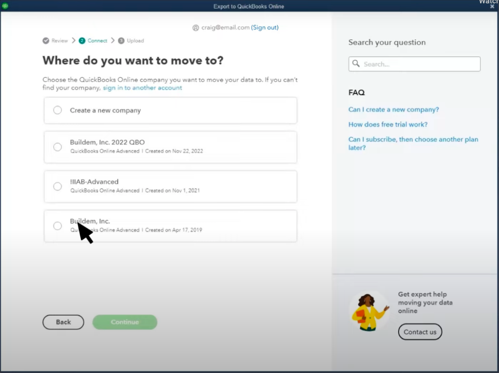  Screen in QuickBooks Online where you can select the company to move your QuickBooks Desktop file to