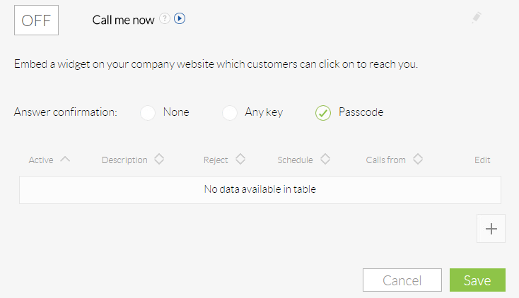 Nextiva's Answer setting interface showing the call me now and answer confirmation options.