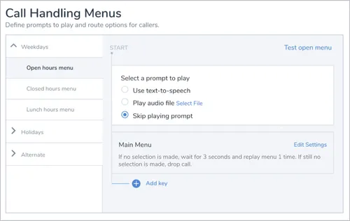 8x8's call handling setting interface where users can customize types of prompts and hours