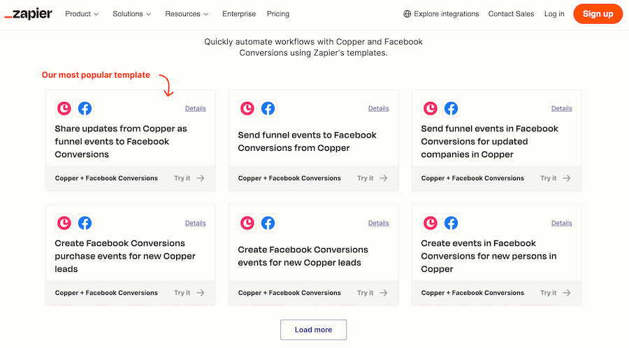 A list of Zapier’s workflow automation templates for Copper CRM and Facebook Conversions.