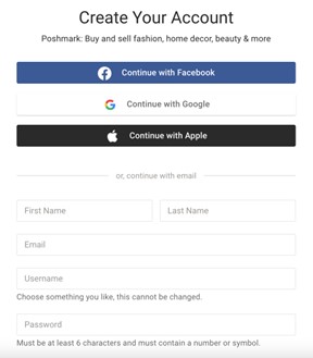 Webpage for creating a Poshmark account via email, Apple, Google, or Facebook login.